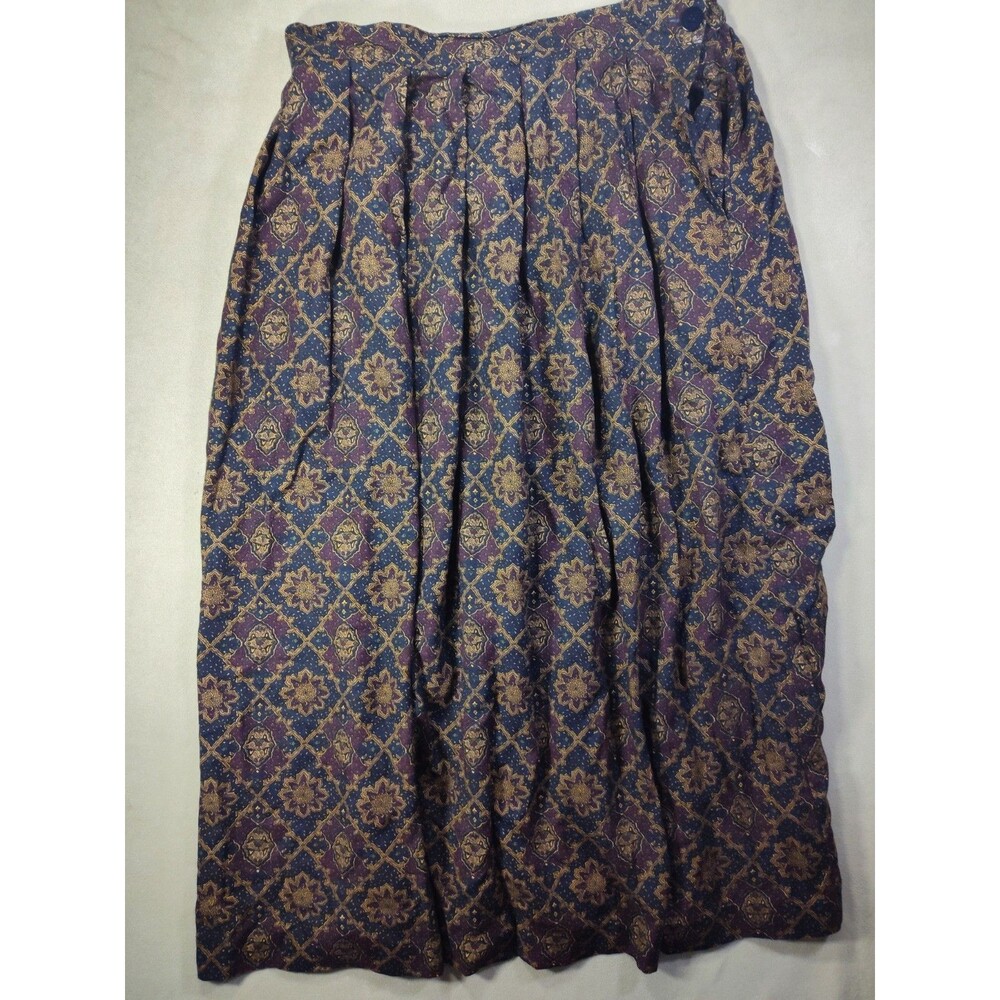 Vintage 90s Worthington Pleated Midi Skirt Size 16 Purple Blue Damask Print USA